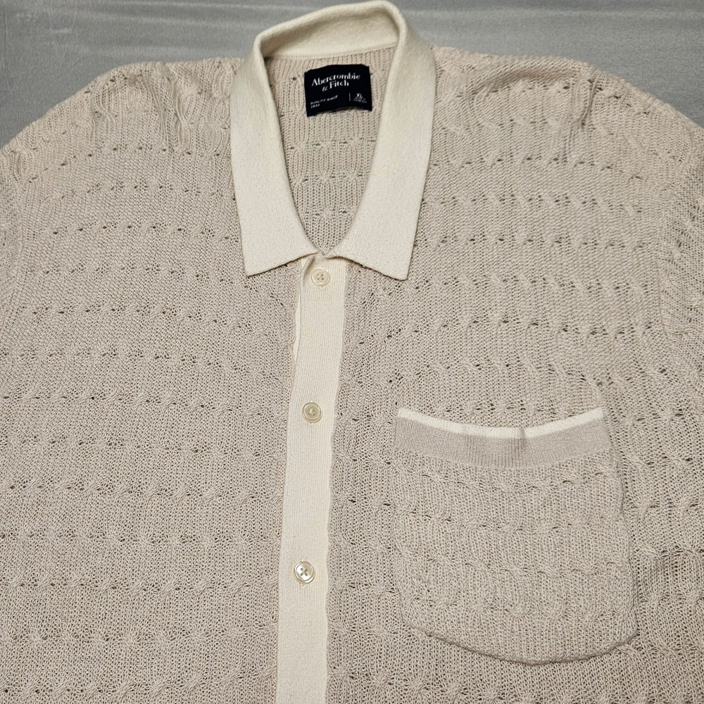 Y2K Abercrombie & Fitch Knit Polo Shirt Mens XL Cream Cable Open Weave Button Up